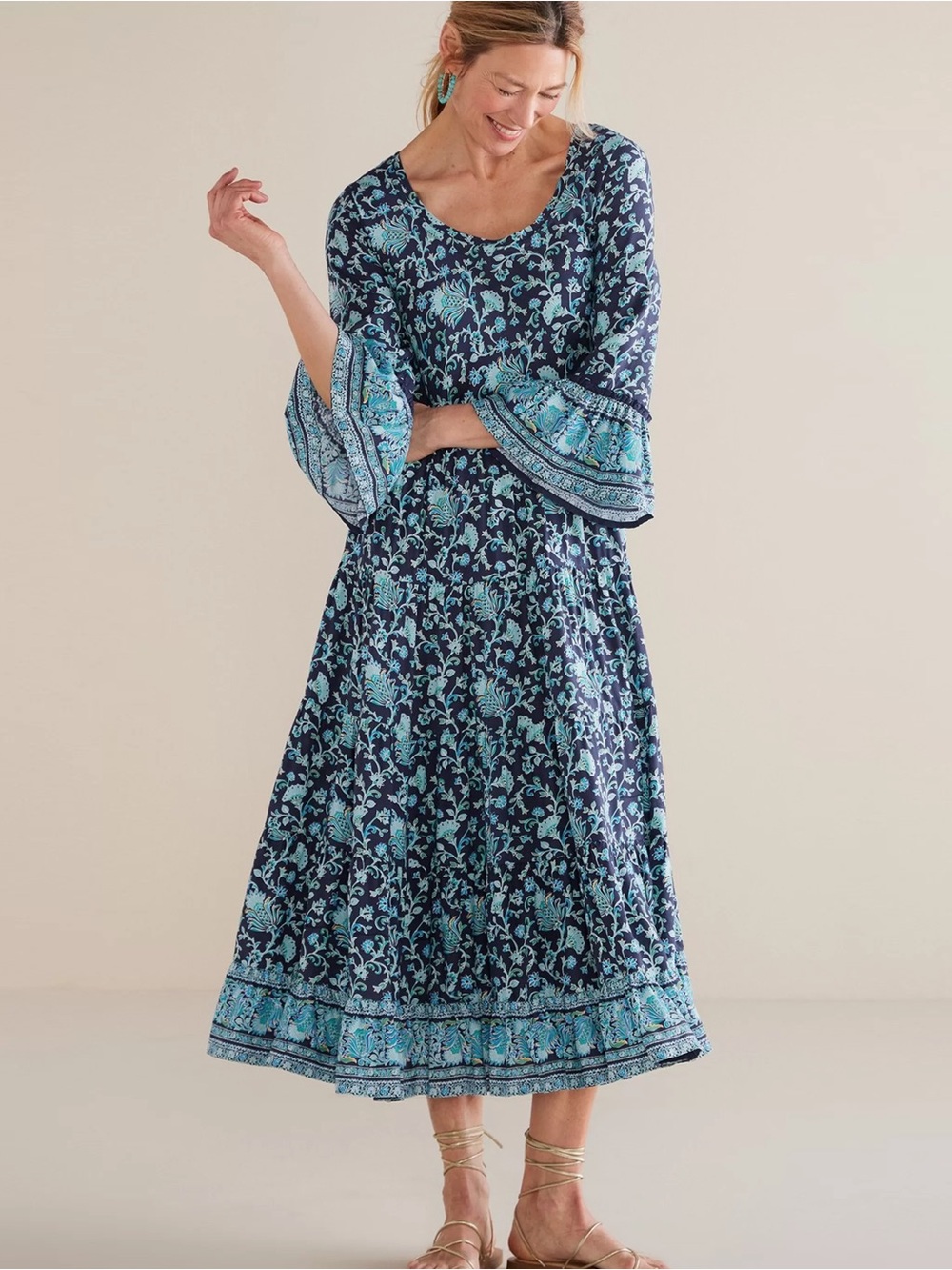 Soft Surroundings - Floral Lily Midi Dress - Sketched Botanicals Navy and Teal